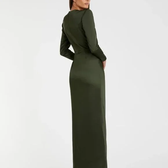 Leena Dark Green Long Sleeve Satin Structured Bow Draped Column Gown